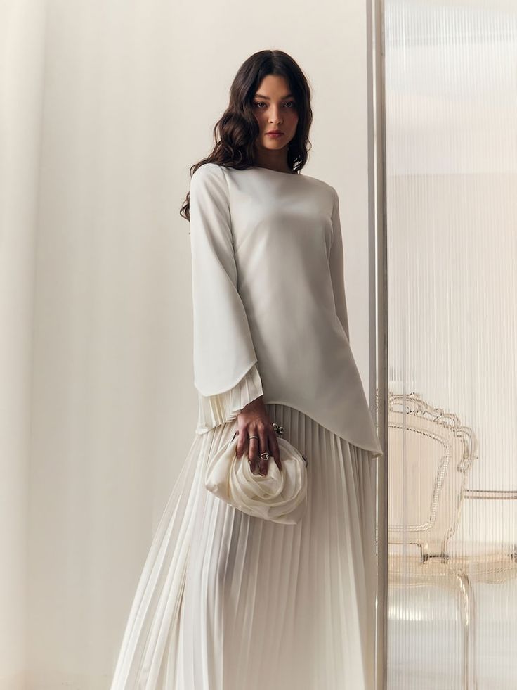 Maxi dress with pleated details :: LICHI - Online fashion store Elegant Flowy A-line Pleated Dress, Long Sleeve Pleated Dinner Dress, Chic A-line Long Sleeve Wedding Dress, Elegant Chiffon A-line Pleated Dress, Chic Pleated Chiffon Dress With Pleated Bodice, Chic Chiffon Pleated Dress With Pleated Bodice, Elegant Chiffon Midi Dress For Fall, Chic Long Sleeve Dress For Fall Wedding, Elegant Fall Chiffon Midi Dress