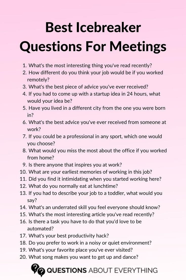 the best icebreakerer questions for meetings are in this pink poster with black lettering