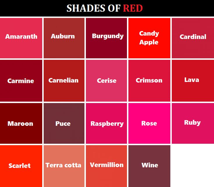 the shades of red are shown in this color chart, which includes different colors and names