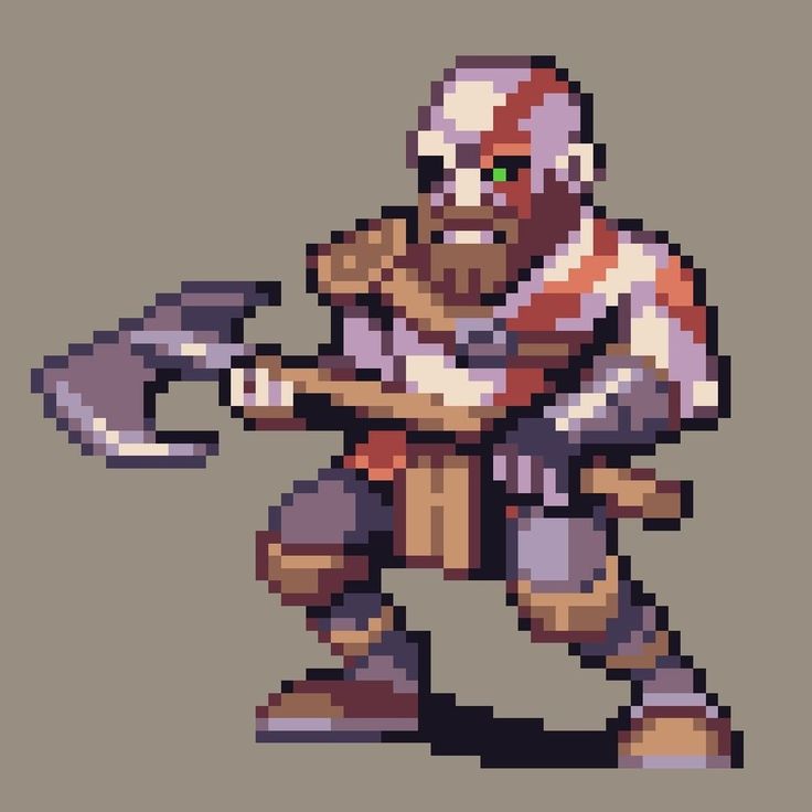 an old pixel art style character holding a hammer