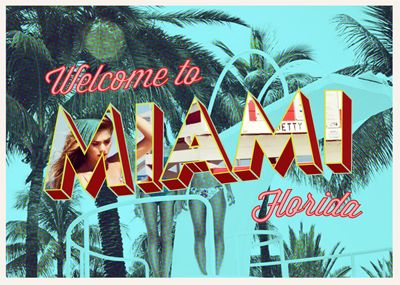 the welcome sign to miami, florida with palm trees in the foreground and an image of a woman's face