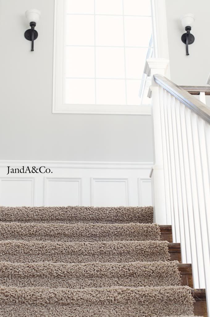 a staircase with carpeted steps leading up to a window above the bannister