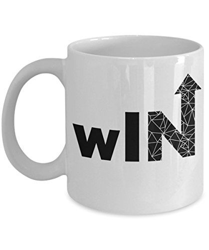 a white coffee mug with the word wi in black letters and an arrow on it