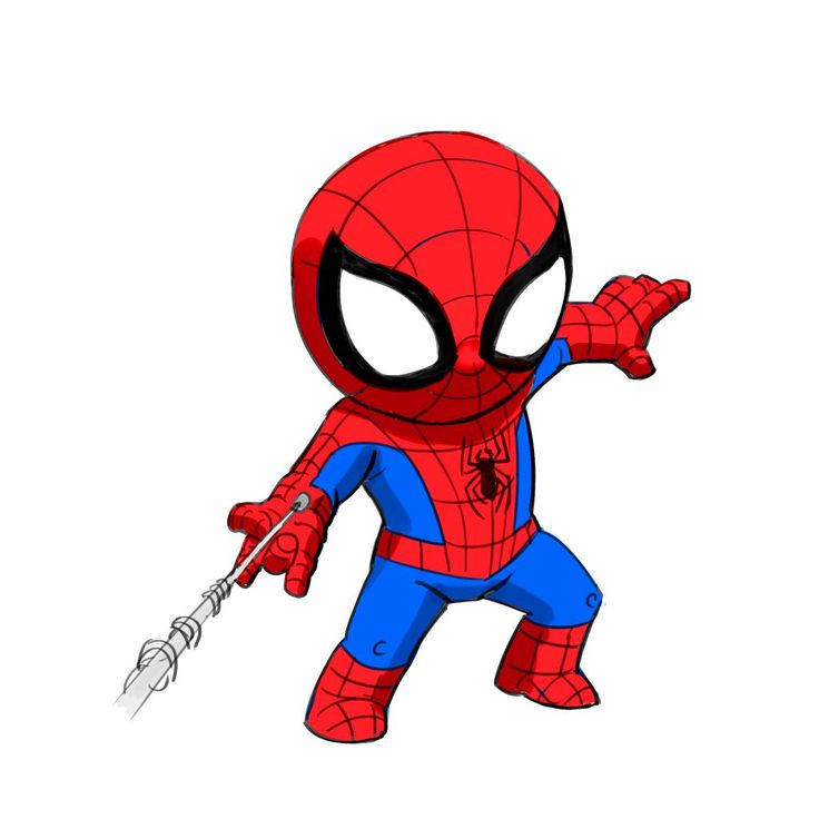 a cartoon spider man with his arms out and eyes wide open, pointing at something