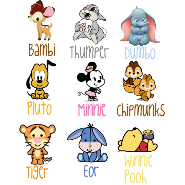 some cartoon characters are grouped together in this image with the words thumper, minnie mouse, winnie pooh, dumbo, and pluto