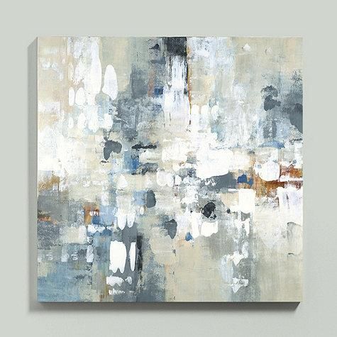 an abstract painting with white, blue and grey colors on a wall above a chair