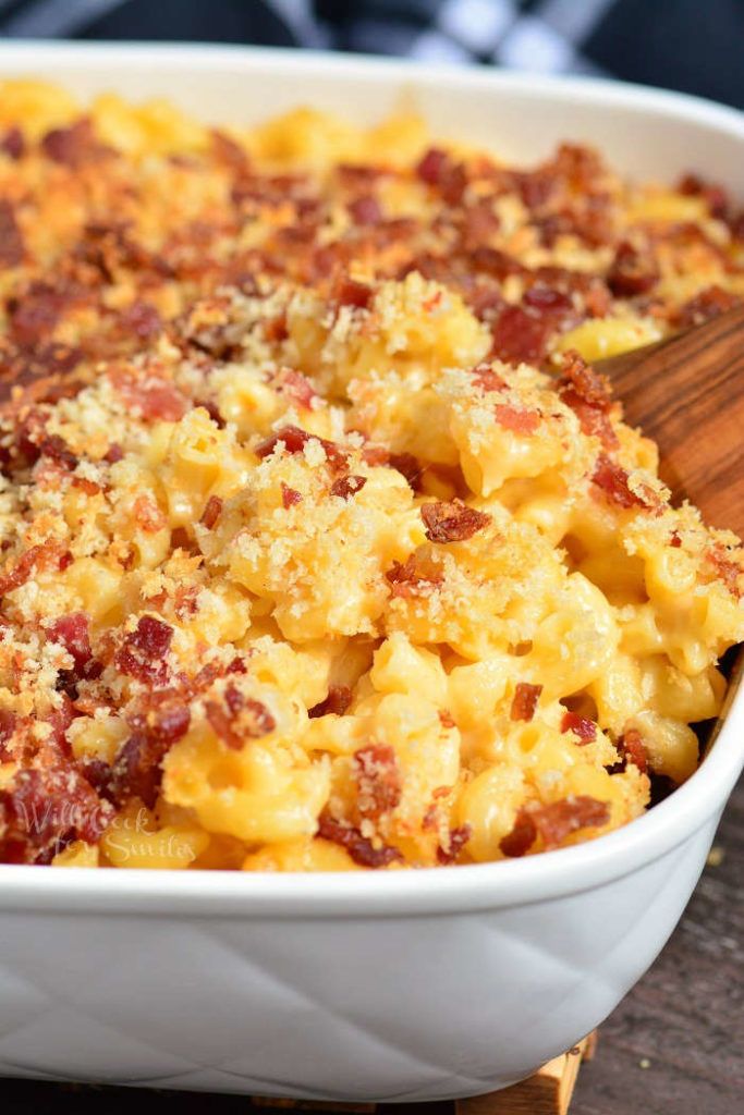 a casserole dish filled with macaroni and cheese