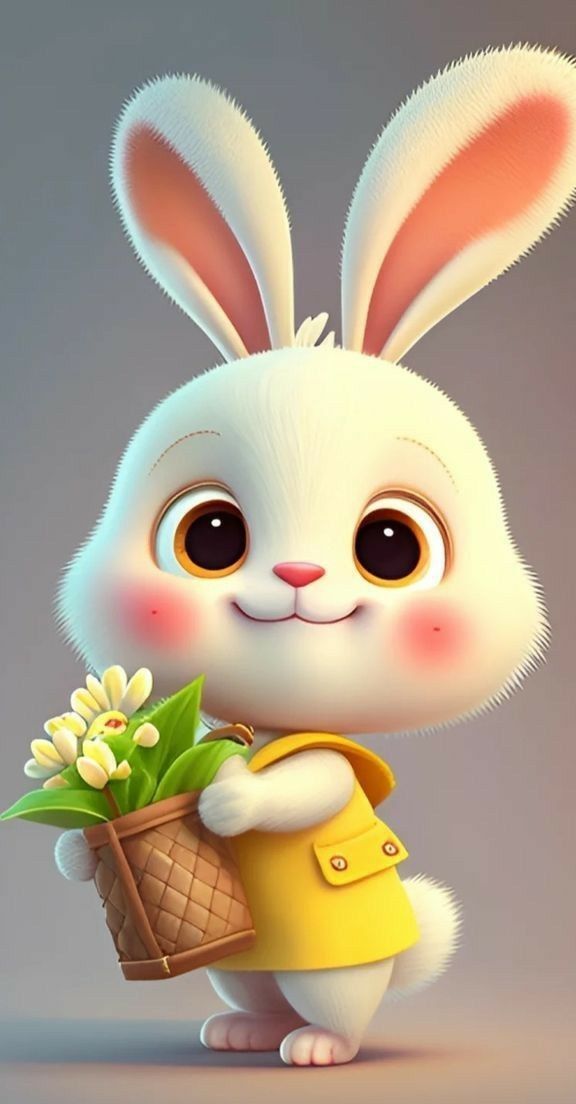 a cartoon bunny holding a basket with flowers