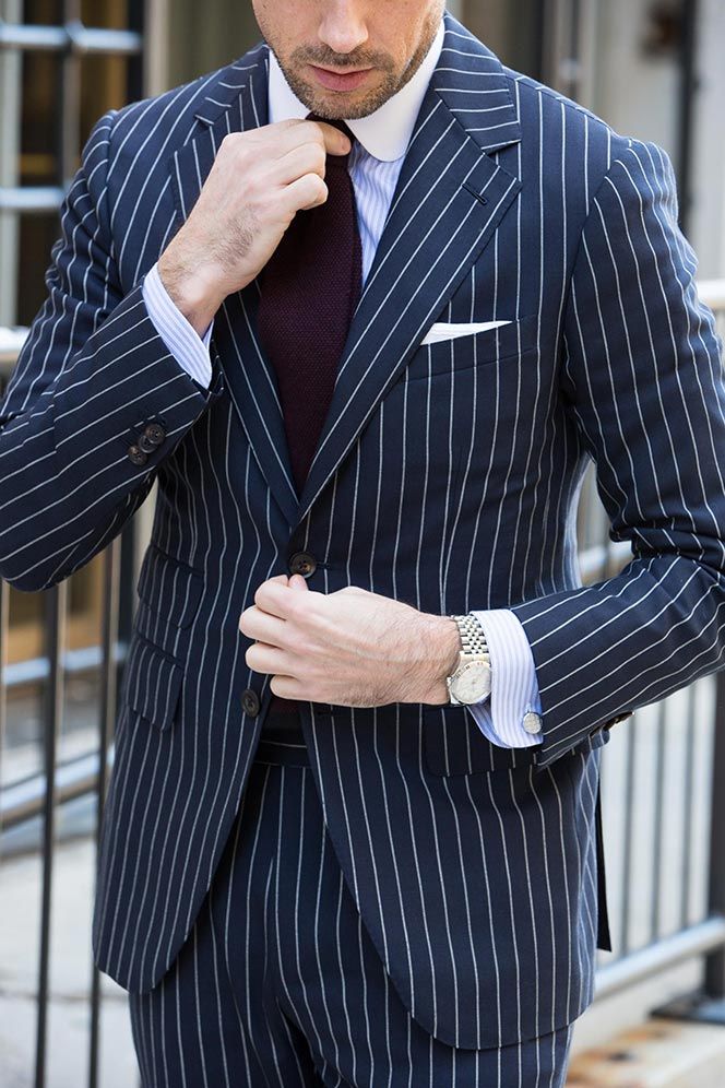 blue pinstripe suit Men Suits Modern, Men Suits Blue, Contrast Collar Shirt, Blue Pinstripe Suit, Vest Men, Power Suit, Pinstripe Suit, Mens Fashion Classy, Custom Suit