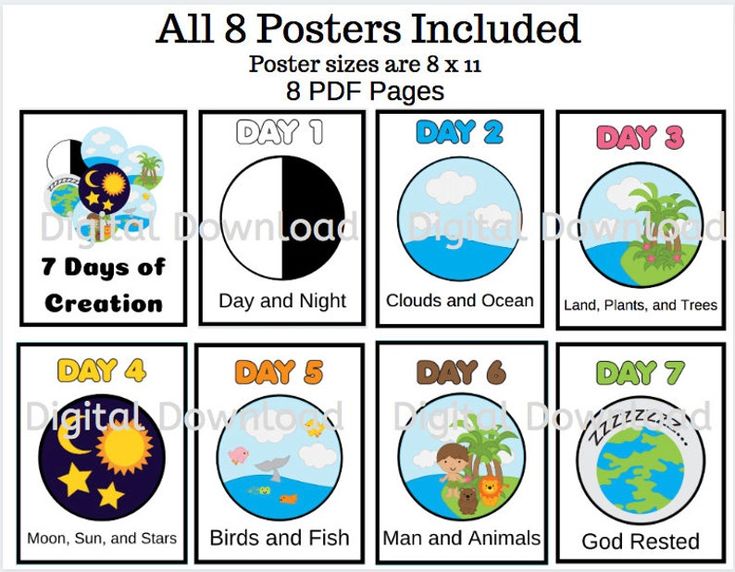 all 8 posters are included for each day of the week, with different themes and numbers