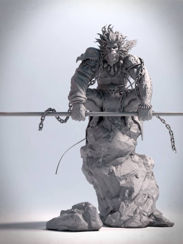 a paper mache is standing on top of a rock with two swords in his hands