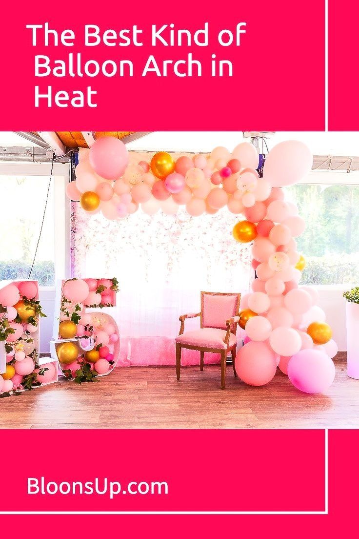 the best kind of balloon arch in heat is pink and gold with balloons on it