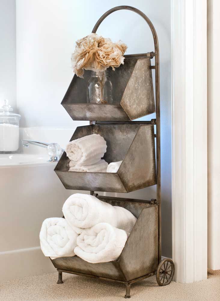 Three Bin Cart - River Chic Designs Primitive Bathrooms, Smart Tiles, Country Decorating, Farmhouse Bathroom Decor, Rustic Bathroom, Country Farmhouse Decor, Rustic Industrial, Bathroom Remodel Master, Farmhouse Bathroom