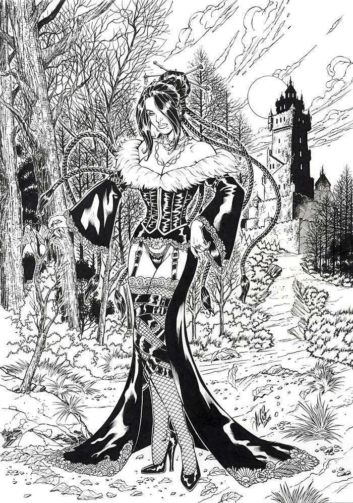 a black and white drawing of a woman in the woods with a castle behind her