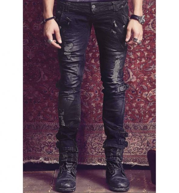 Strapped Double Jeans : Delicious Boutique Black Jeans For Concerts With Pockets, Punk Style Ripped Black Jeans, Black Ripped Punk Jeans, Black Punk Jeans With Pockets, Punk Black Jeans With Pockets, Black Punk Style Denim Jeans, Edgy Black Distressed Pants, Black Punk Denim Jeans, Punk Style Denim Pants For Concert