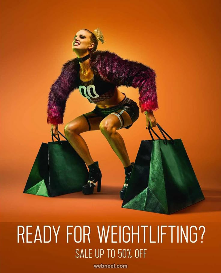 a woman holding shopping bags with the words ready for weight lifting? sale up to 50 % off