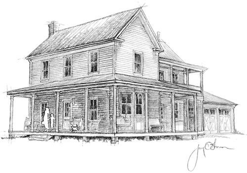 a drawing of a house with a porch and two stories on the second story, in black and white