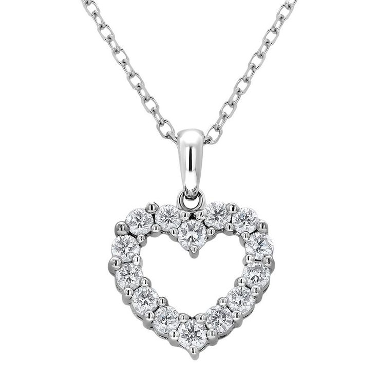 This is part of Chairish’s Fine Jewelry assortment.  Introducing a timeless and elegant piece for your discerning clientele: the Vintage 18 Karat White Gold Open Heart Diamond Pendant Necklace. Crafted with exquisite attention to detail, this pendant necklace features a captivating open heart design adorned with sparkling diamonds, weighing a total of 0.60 carats. The pendant itself measures 0.75 inches in length and 0.51 inches in width, presenting a delicate yet impactful aesthetic. Each diamo Wedding Sterling Silver Heart Necklace With Brilliant Cut, Wedding Heart Necklace With Brilliant Cut In Sterling Silver, Sterling Silver Heart Necklace With Brilliant Cut For Wedding, Wedding Heart Necklace In Sterling Silver With Brilliant Cut, Classic Platinum Necklace As A Gift, Elegant Heart Cut Diamond Necklace For Valentine's Day, Classic Platinum Necklace For Gift, Classic Platinum Necklace For Gifts, Classic Heart-shaped Sterling Silver Diamond Necklace