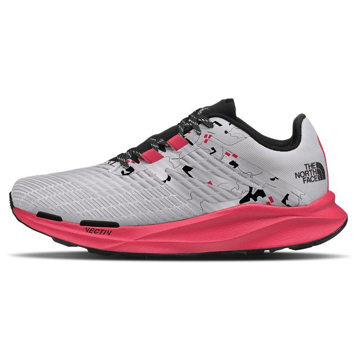 the north face women's ultra trail running shoe in white and pink, front view