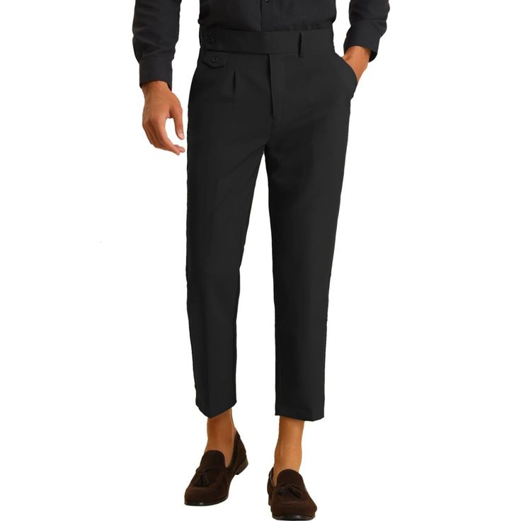 The cropped dress pants for men offer a pleated front and slim fit design. Made from lightweight fabric, these trousers feature a solid color and an extended waistband, making them perfect for business and formal occasions. They can be worn to the office, meetings, proms, or even for daily wear like dating and parties. These pants are a great gift option for friends and family. Dress Pants For Men, Plaid Flats, Slim Fit Dress Pants, Dress Pant Suit, Suspender Pants, Plaid Suit, Mens Dress Pants, Printed Trousers, Slim Fit Dresses