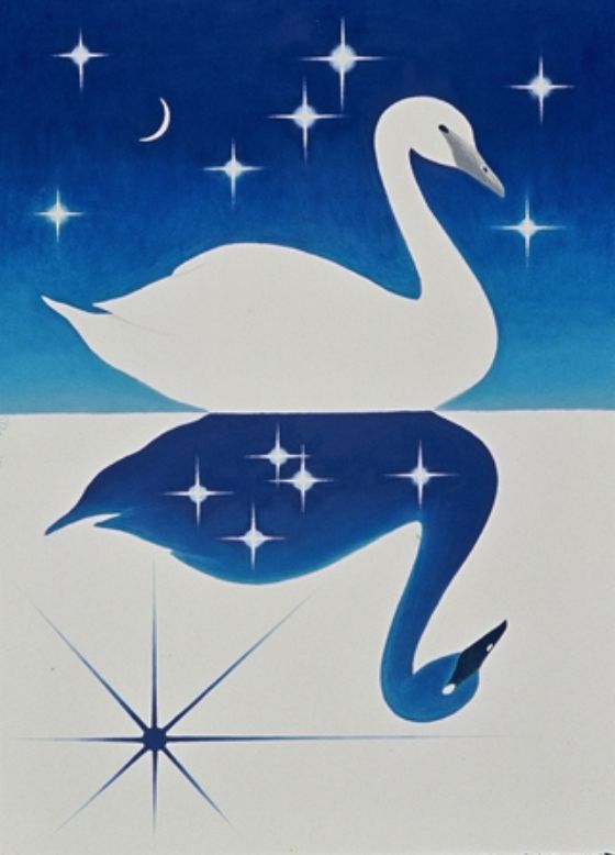 a white swan sitting on top of a blue and white background with stars in the sky