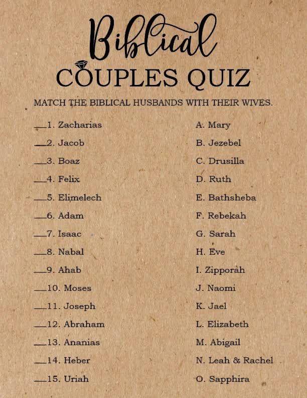 the biblical couples quiz is shown on a piece of brown paper with black lettering that reads,