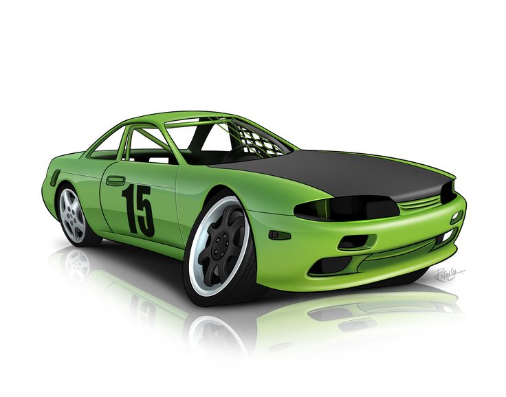 a green sports car with number 15 on the front and side stripes is shown in this image