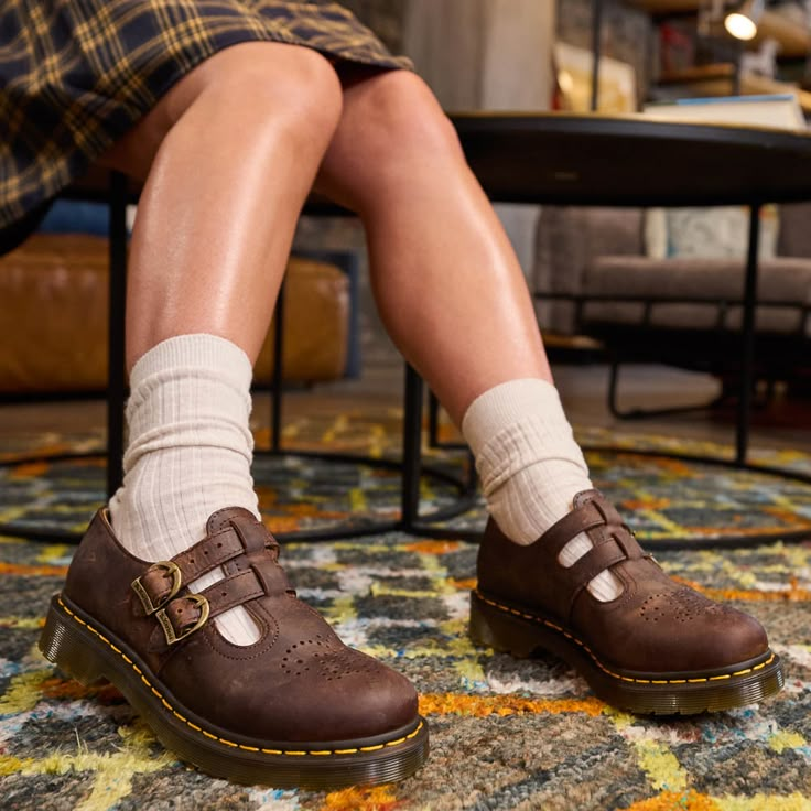 Womens Dr. Martens Mary Jane Casual Shoe - Dark Brown | Journeys Outfits For Brown Shoes, Gender Neutral Shoes, Short Doc Martens, Brown Mary Jane Doc Martens Outfit, Brown Shoes Womens Outfit, Cute Brown Shoes, Dr Marten Mary Jane Outfit, Mary Janes Docs, Cool Socks Aesthetic