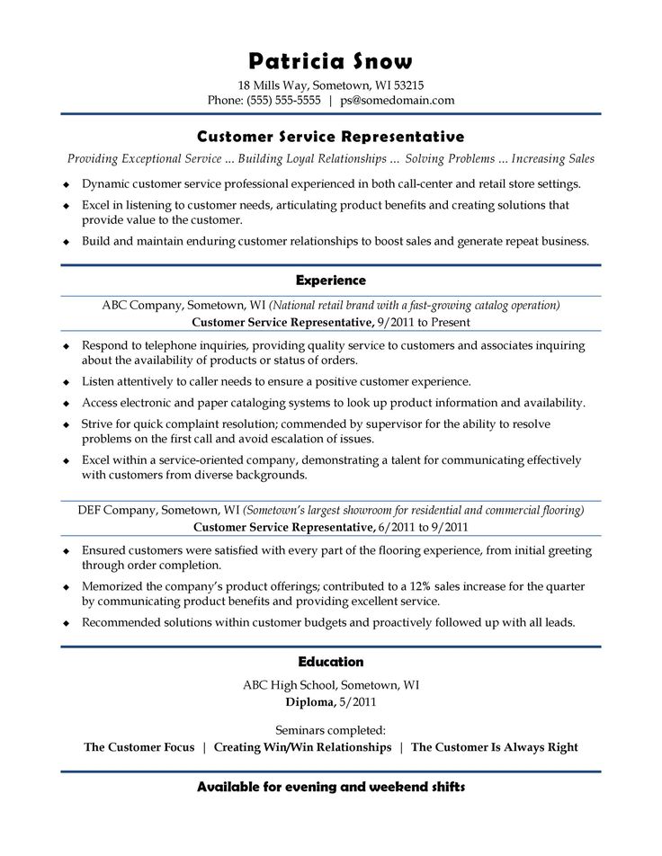 the customer service representative resume is shown in this format, and includes an additional description for each