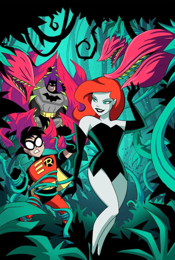 the animated characters from batman and catwoman are surrounded by green plants in this cartoon