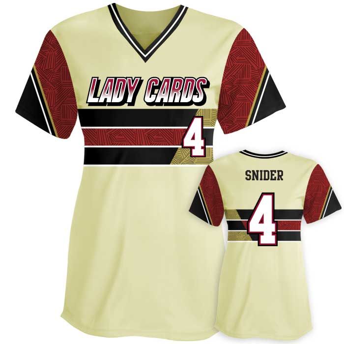 a women's baseball jersey with the number 4 on it and lady cards written in red