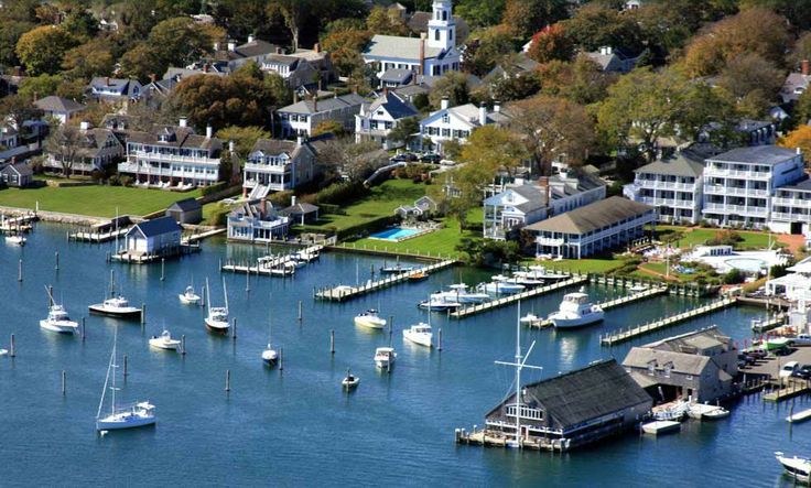 an aerial view of several boats in the water and houses on both sides of the lake