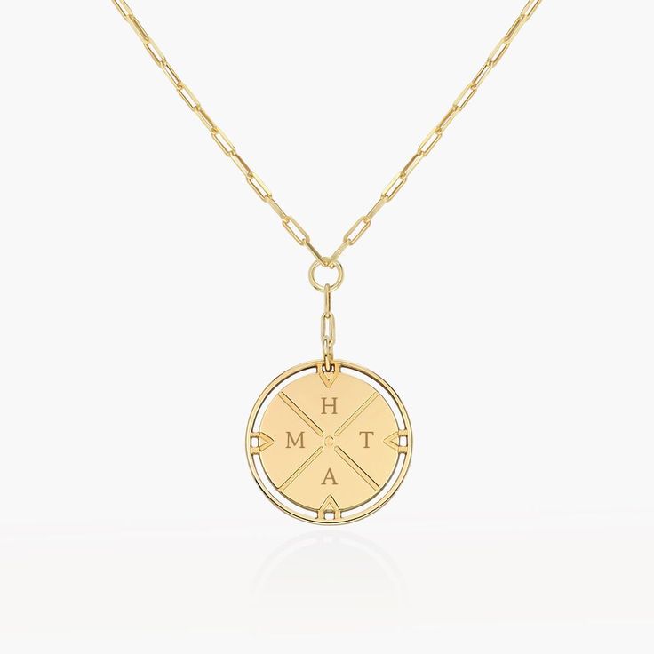 Engraved Compass Necklace - 14k Solid Gold-1 Luxury 14k Gold Medallion Necklace, Luxury Tarnish Resistant Medallion Necklace, Gold Compass Design Medallion Pendant Necklace, Gold Medallion Necklace With Compass Pendant, Gold Amulet Necklace With Compass Design, Luxury Tarnish Resistant Medallion Coin Necklace, Luxury Yellow Gold Jewelry For Travel, Elegant Gold Necklace With Compass Design, Luxury Gold Necklace With Compass Design