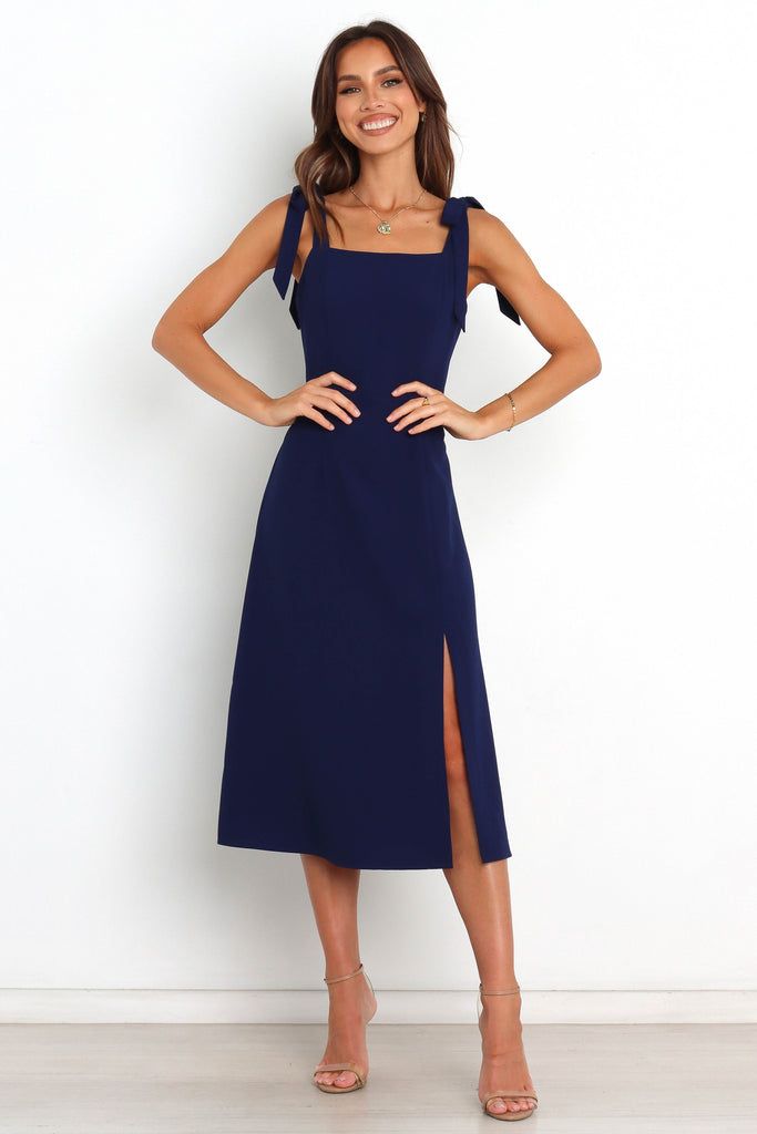 Laurel Dress - Navy - Petal & Pup USA Fitted Midi Dress With Tie Back And Straight Neckline, Tie-back Midi Dress For Night Out, Party Midi Dress With Bow Straps, Brunch Dresses With Knotted Straps And Square Neck, Elegant Square Neck Midi Dress With Tie Back, Square Neck Dress With Knotted Straps For Brunch, Spring Evening Midi Dress With Tie Straps, Brunch Maxi Dress With Tie Back And Straight Neckline, Sundress Midi Dress With Tie Back And Square Neck