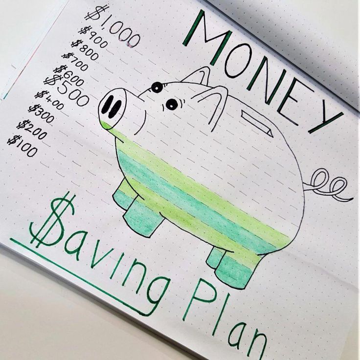 a notepad with a drawing of a pig and the words money saving plan written on it