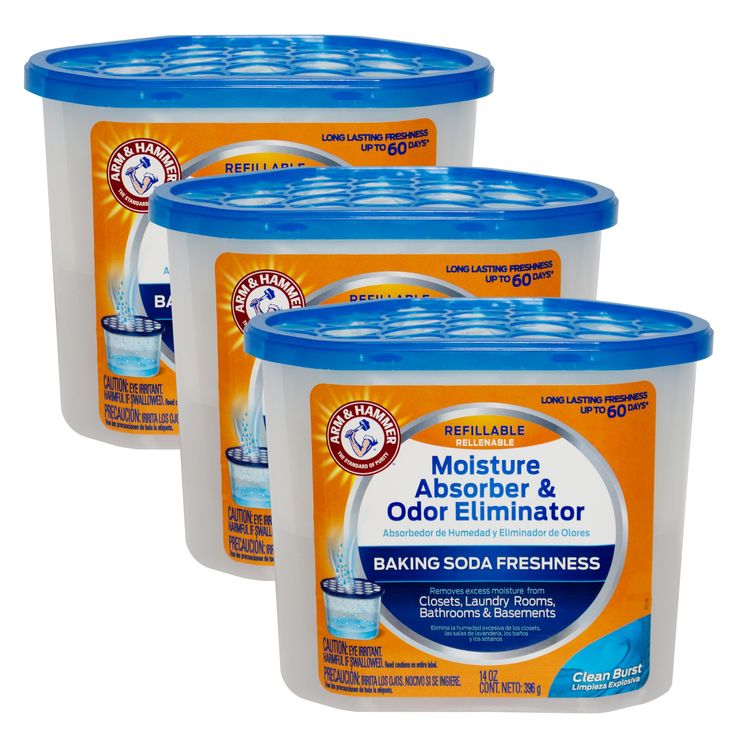 three tubs of baking soda sit next to each other