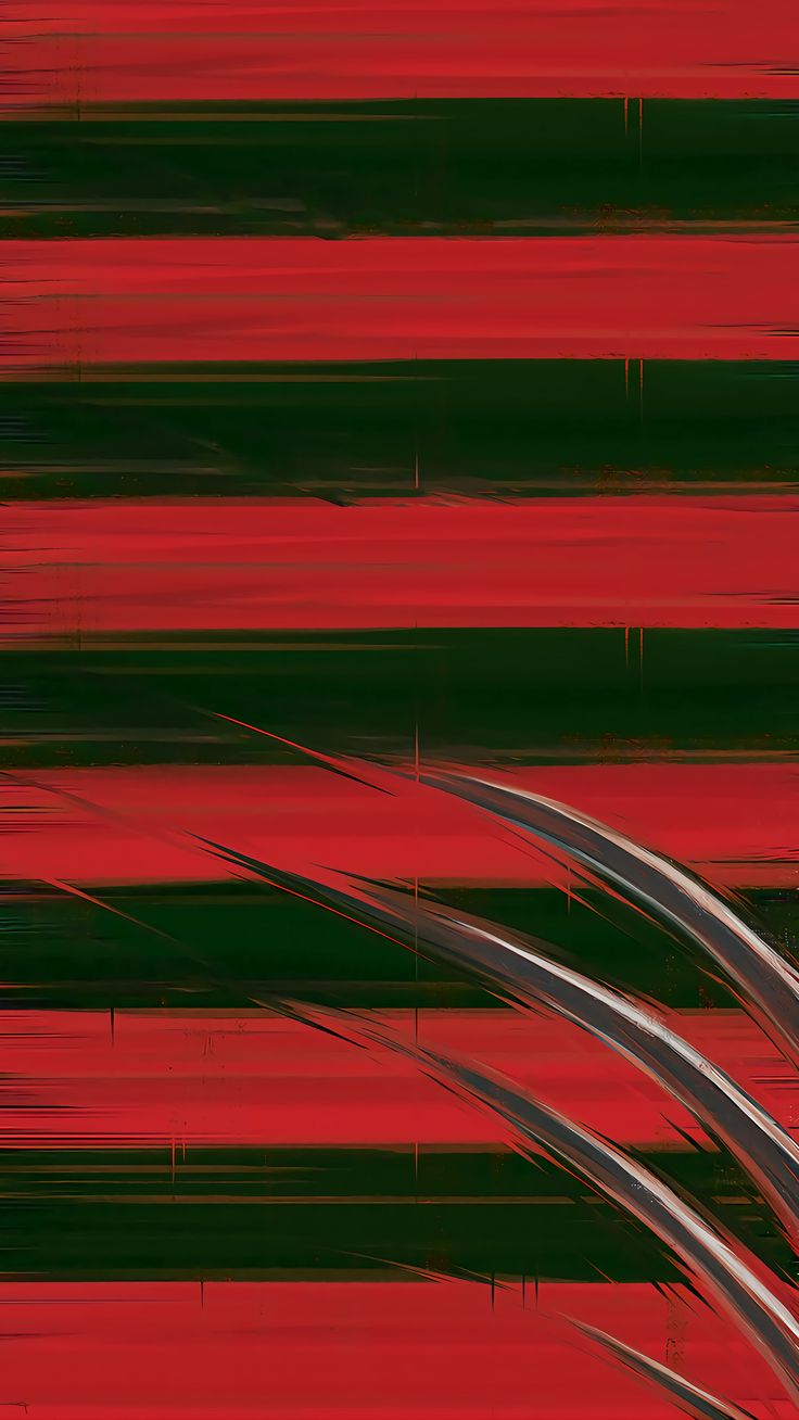 an abstract painting with red and green lines in the background, as well as black and white stripes