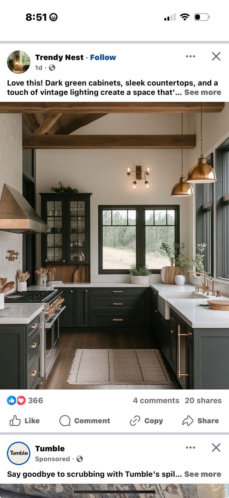 an instagramted photo of a kitchen with dark cabinets and white countertops on the bottom right corner