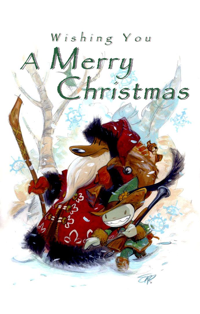 a merry christmas card with an image of a horse carrying a man on his back