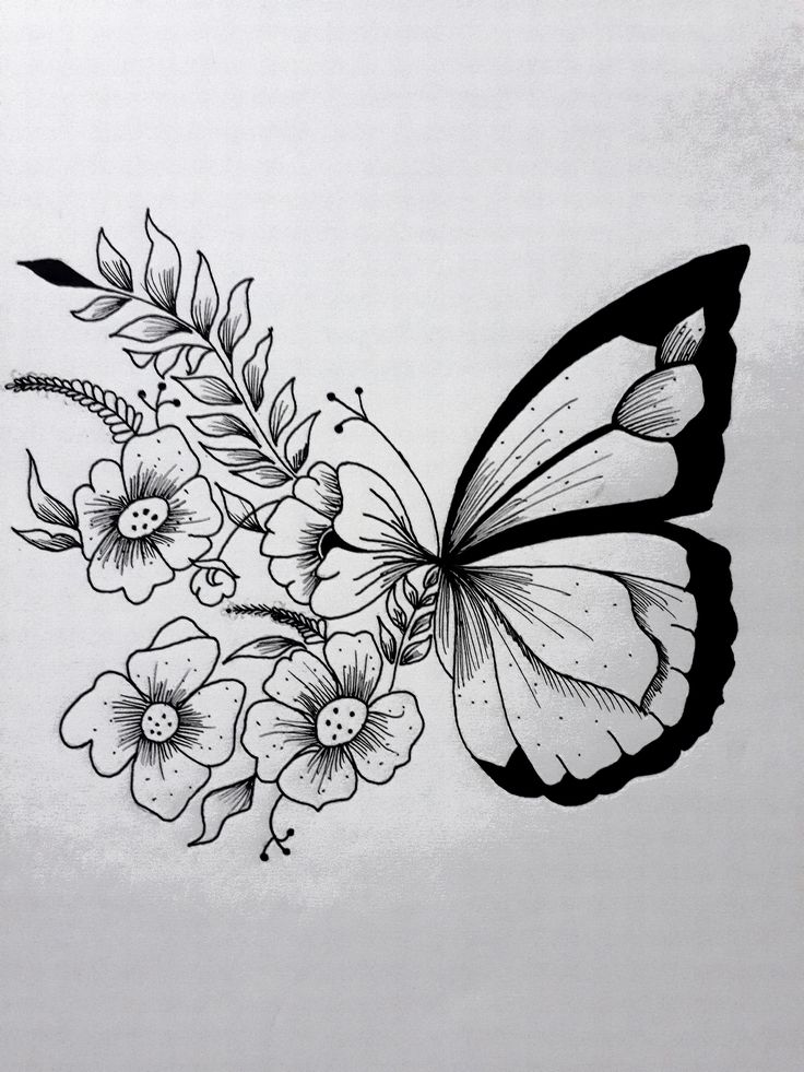 a black and white drawing of a butterfly with flowers on it's back side