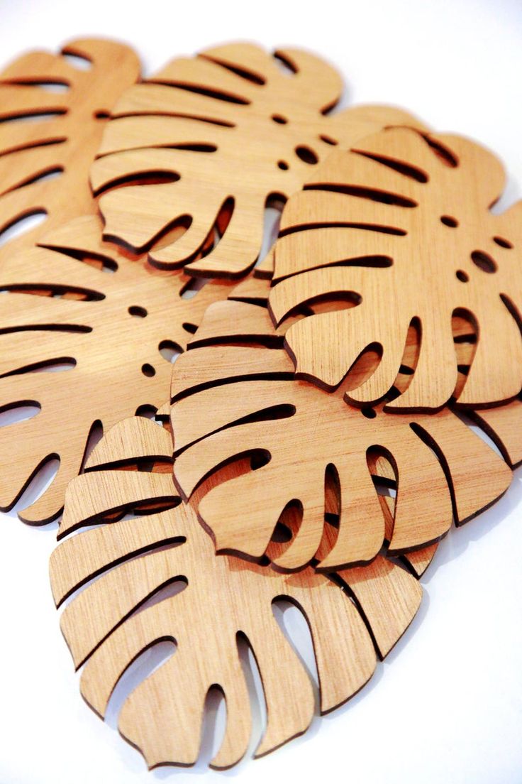 wooden cutout leaves are arranged on a white surface