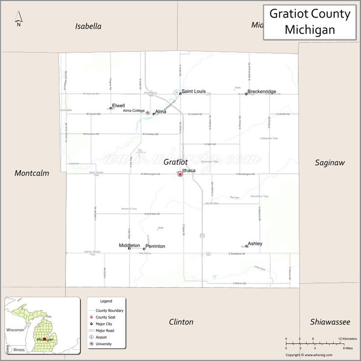 a map with the location of griott county and michigan highlighted in red on it