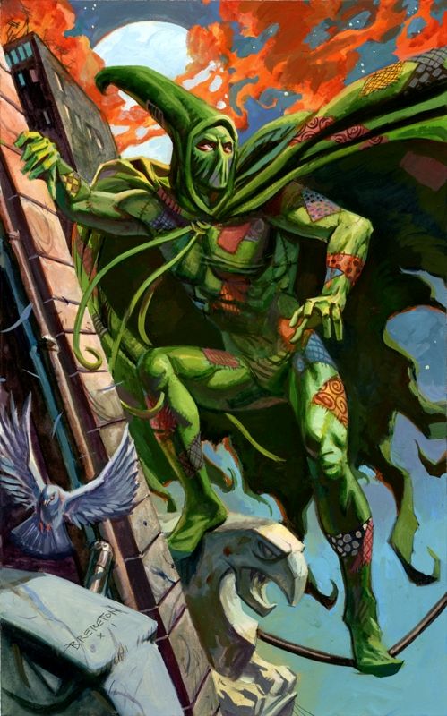 a painting of a green creature with long legs and arms, standing in front of a brick wall