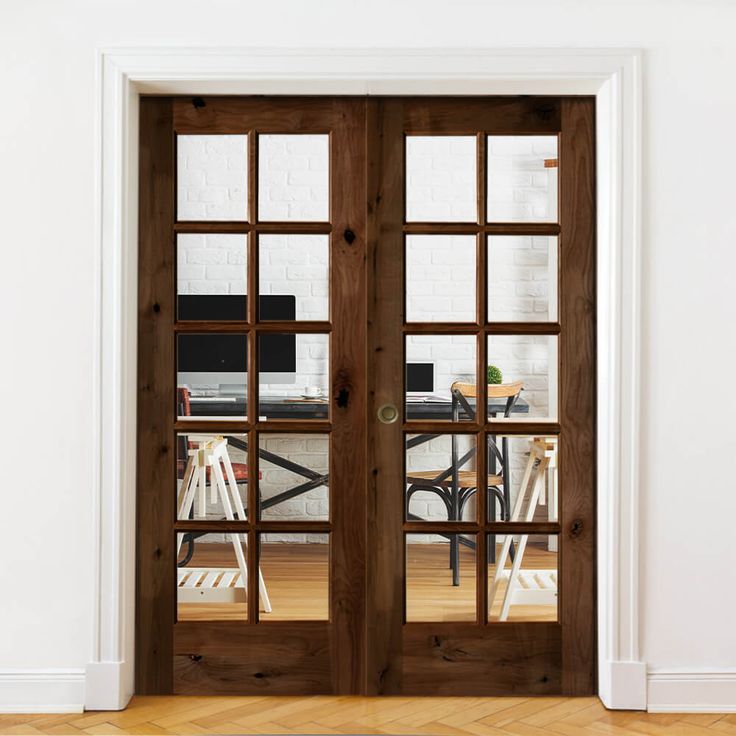 French Knotty Alder 10 Lite Clear Glass Interior Double Doors - Krosswood French Provincial Doors Interior, Office French Doors Study, Stained French Doors, Double Wood Front Doors, Dutch Door Interior, Office French Doors, Interior Double French Doors, Gray Stained Wood, Provincial Stain