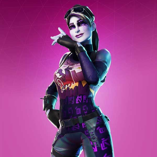 an image of a female character from fortnite with purple skin and black gloves