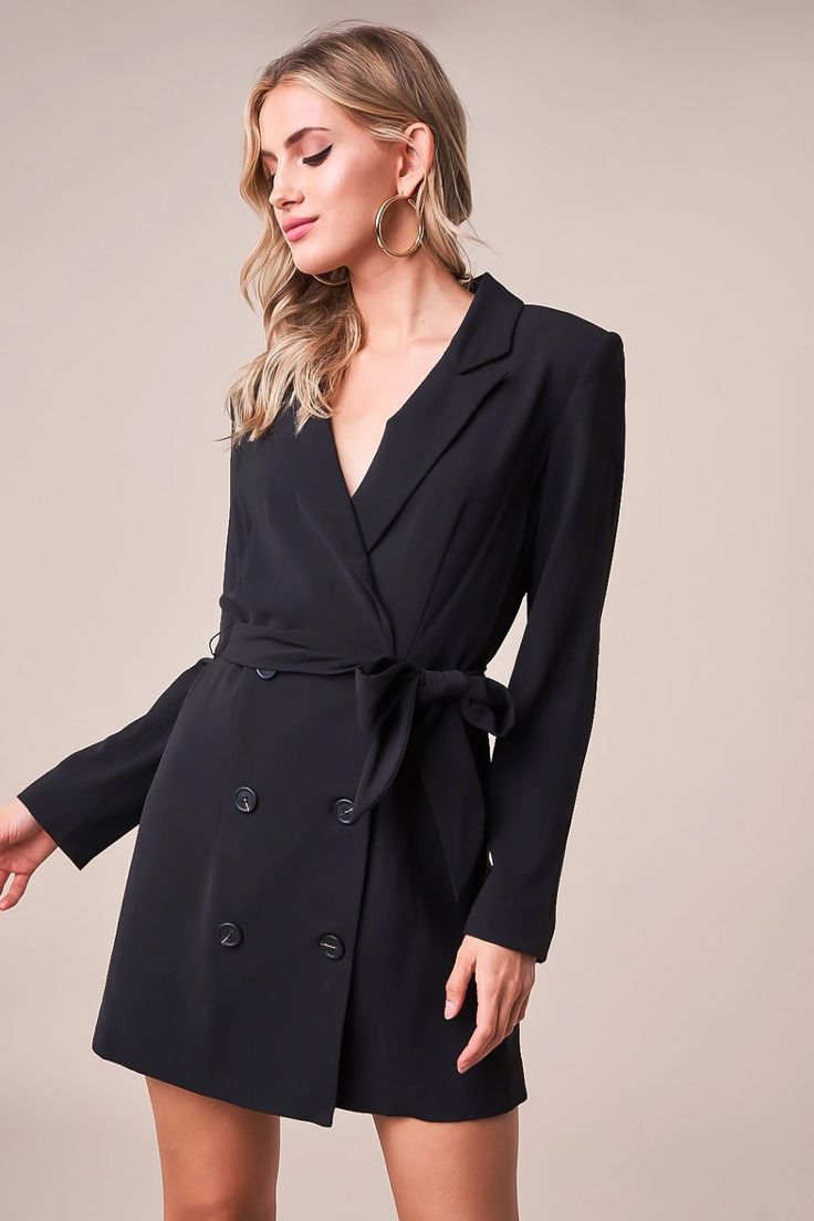 Black Beauty Blazer Dress – Sugarlips Black Blazer Dress, Ruched Mini Skirt, Lacey Dress, Waist Sash, Women's Tie, Tie Waist Dress, Full Look, Long Sleeve Floral Dress, Womens Tie