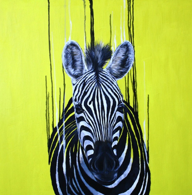 a painting of a zebra standing in front of a yellow wall with black and white stripes