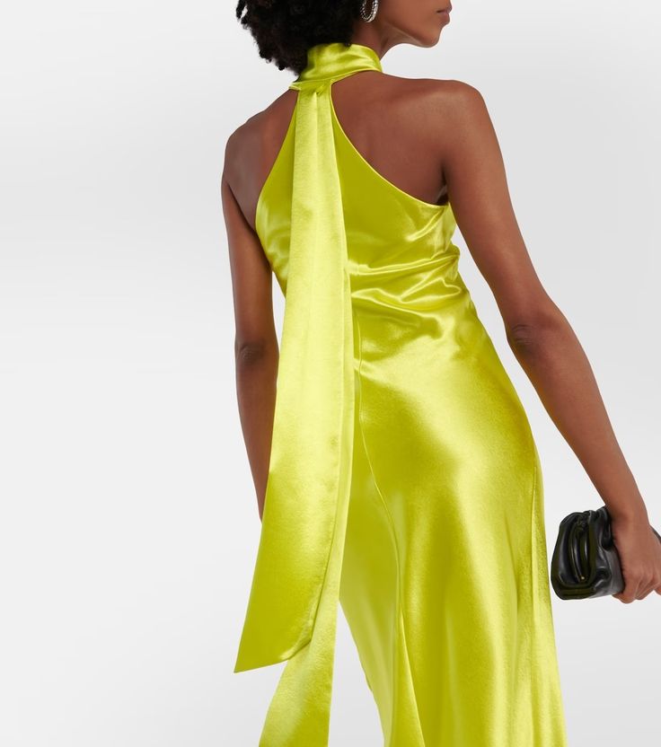 Pandora halterneck satin maxi dress in yellow - Galvan | Mytheresa Silk Halter Neck Evening Dress, Silk Bias Cut Floor-length Halter Dress, Silk Evening Halter Dress With Tie Back, Evening Silk Halter Dress With Tie Back, Silk Halter Dress With Tie Back For Evening, Silk Halter Dress With Tie Back For Formal Events, Silk Halter Dress With Tie Back For Formal Occasions, Formal Silk Halter Dress With Tie Back, Satin Tie Back Halter Dress For Cocktail