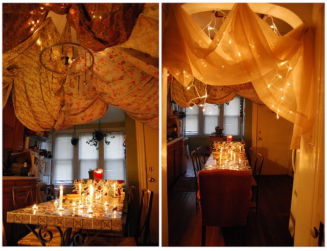 two pictures of a dining room with lights hanging from the ceiling and curtains over the table