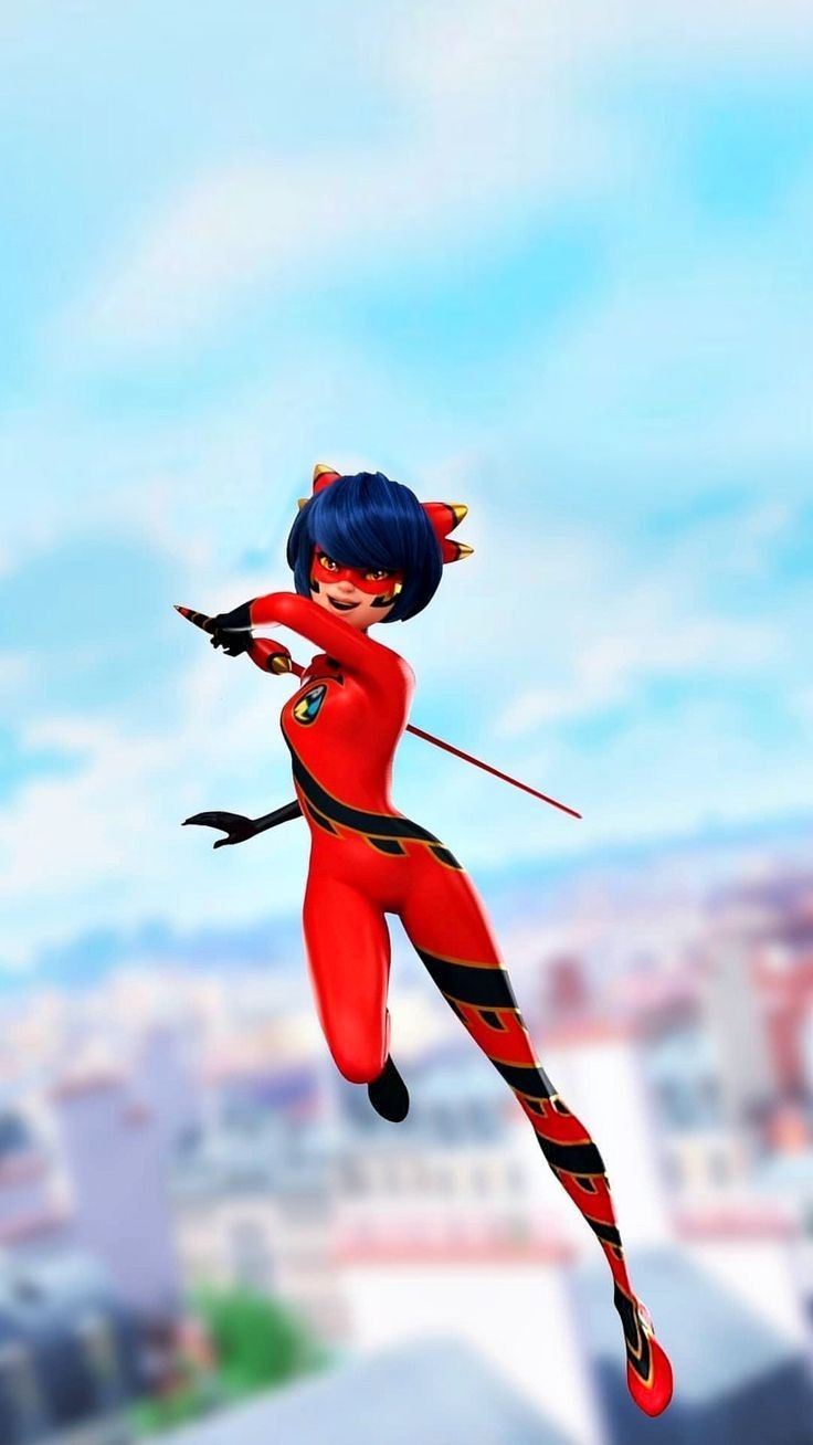 an animated image of a woman in red and black outfit flying through the air with her arms outstretched